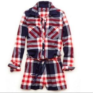 NWT Aerie Patriotic Plaid Flannel Pajama Romper XS